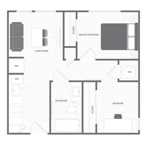 A floor plan of a house with a living room, master bedroom, bathroom, and bedroom.
